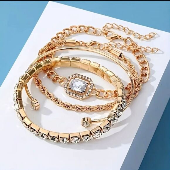 Gold Chain-Link and Stone-Embellished Bracelet Set - Picture 2 of 4